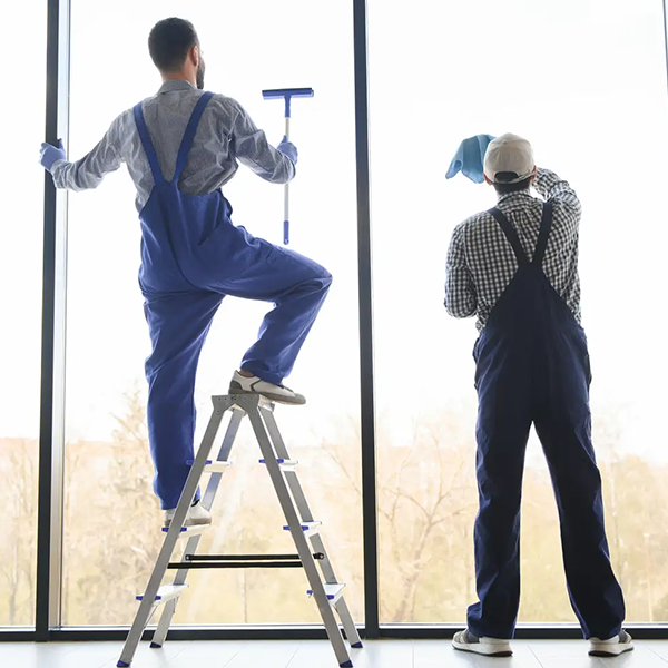 Zwei Mitarbeiter reinigen bodentiefe Fenster einer Unternehmensfassade, wobei einer auf einem Tritt steht, während die Fensterreinigung in Solingen durchgeführt wird.